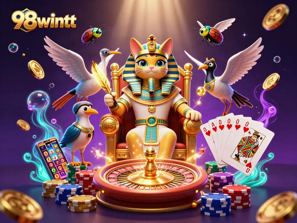 Engage with 98wintt interactive gaming scene showcasing pharaoh cat and vibrant casino elements.