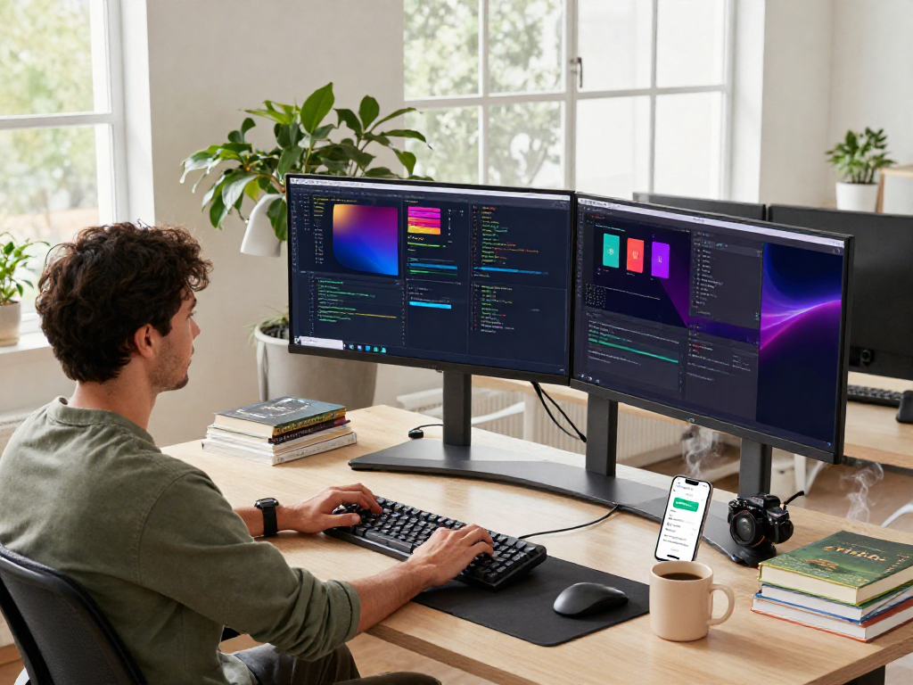 Developer in a modern workspace using acrossprotocol for cross-chain asset transfer, focusing on code and design.