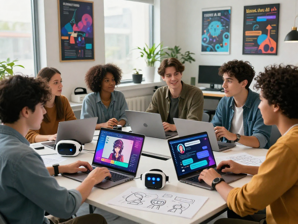 Engaging group discussion on hentai AI chat innovations in a vibrant tech workspace.