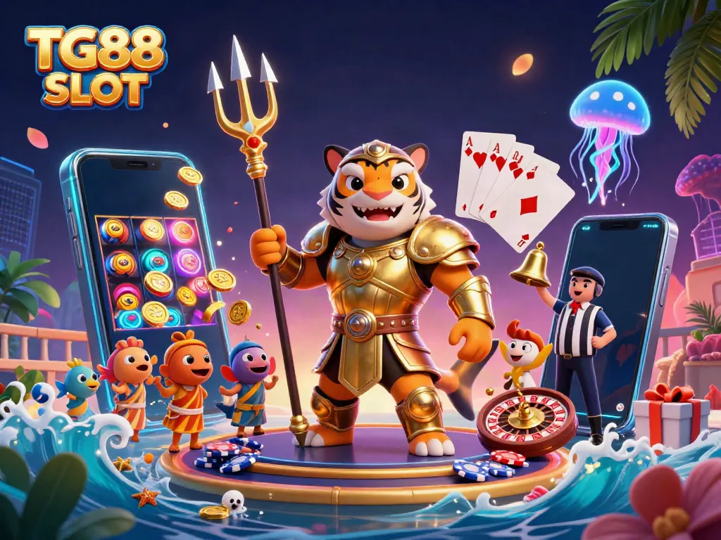 Experience excitement with TG88 SLOT as a tiger shark in gladiator armor dominates the underwater colosseum.