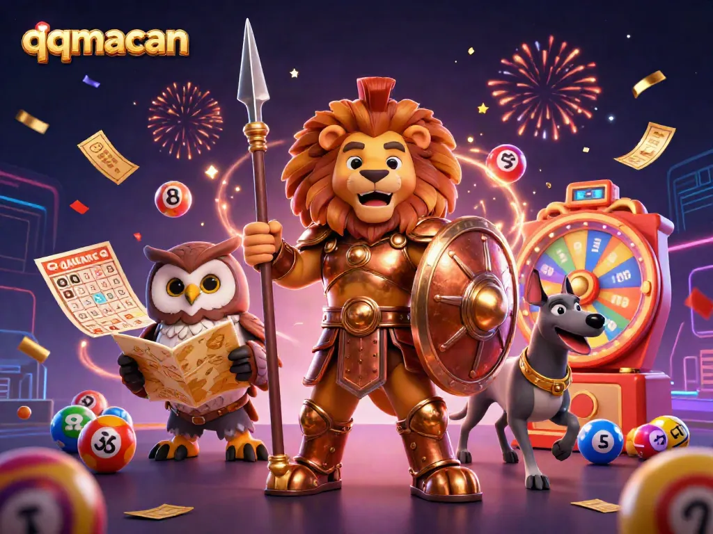 Engage with the thrilling world of qqmacan, featuring a lion, owl, and greyhound amidst vibrant gaming elements.