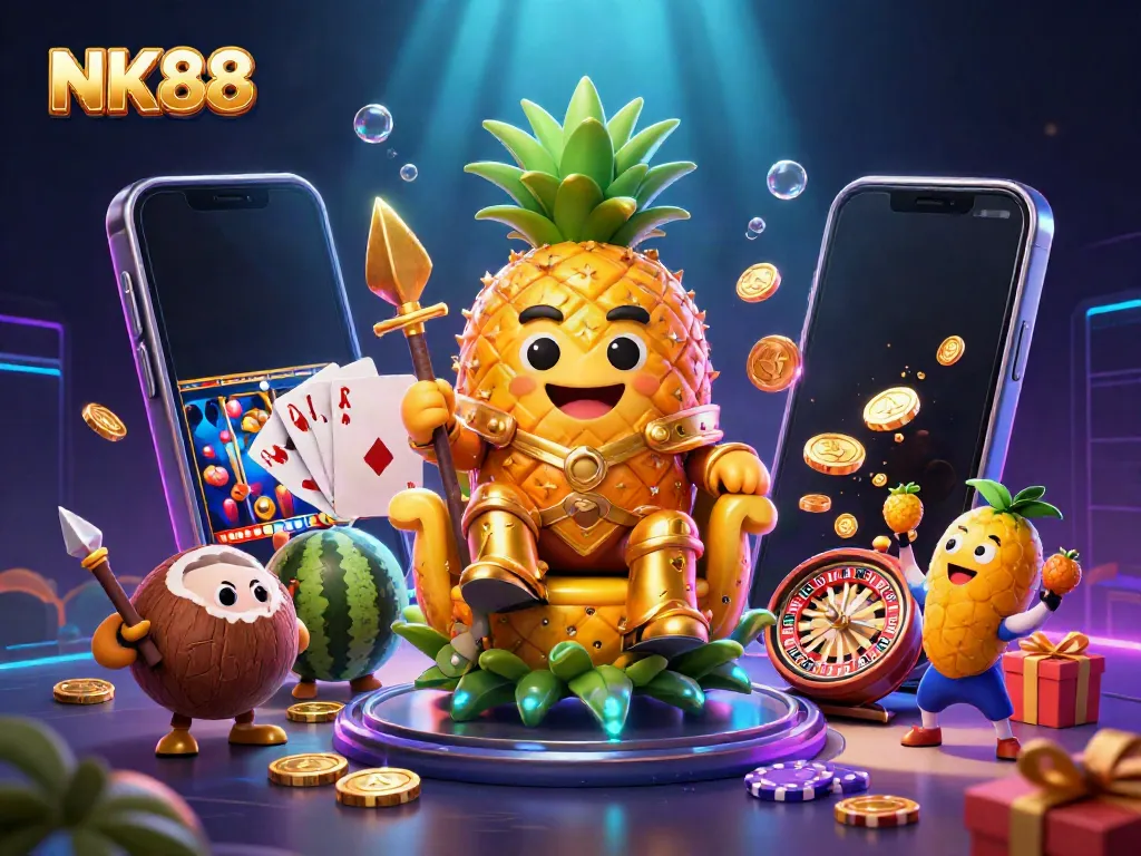Experience thrilling fun with NK88 as the golden pineapple king rules a vibrant casino scene with immersive gaming elements.