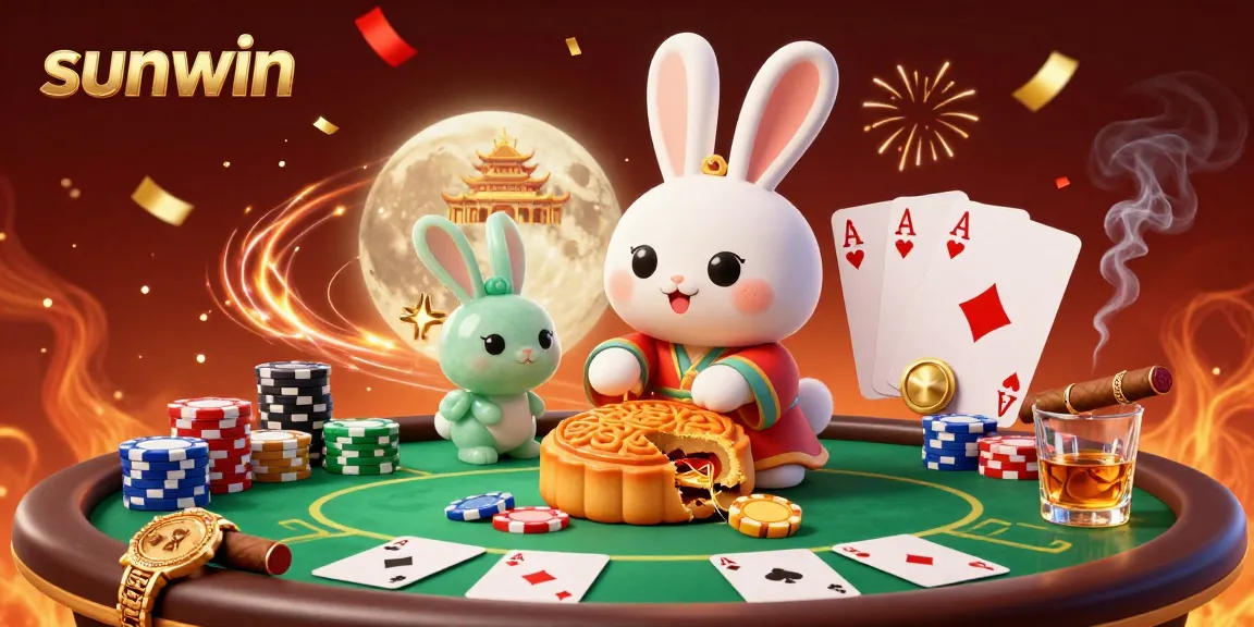 Experience the thrill of sunwin with poker chips bursting from mooncakes in a festive casino scene.