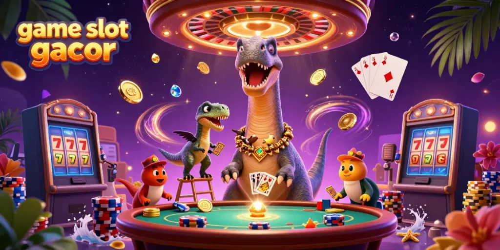 Experience game slot gacor excitement with a 3D scene of animated dinosaurs and casino elements.