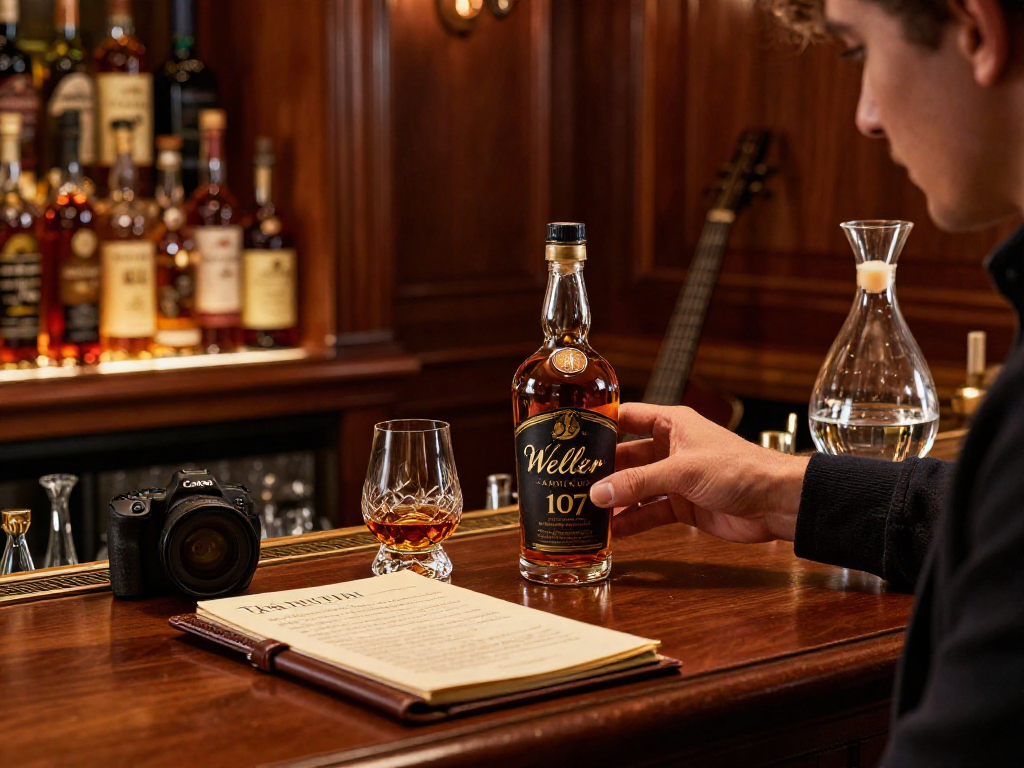 A connoisseur enjoying Weller Antique 107 bourbon at a refined whiskey bar, surrounded by elegant glassware and warm lighting.
