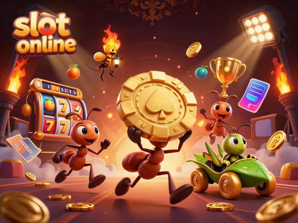 Engage with slot online games through a whimsical heist illustration featuring ants and casino elements.