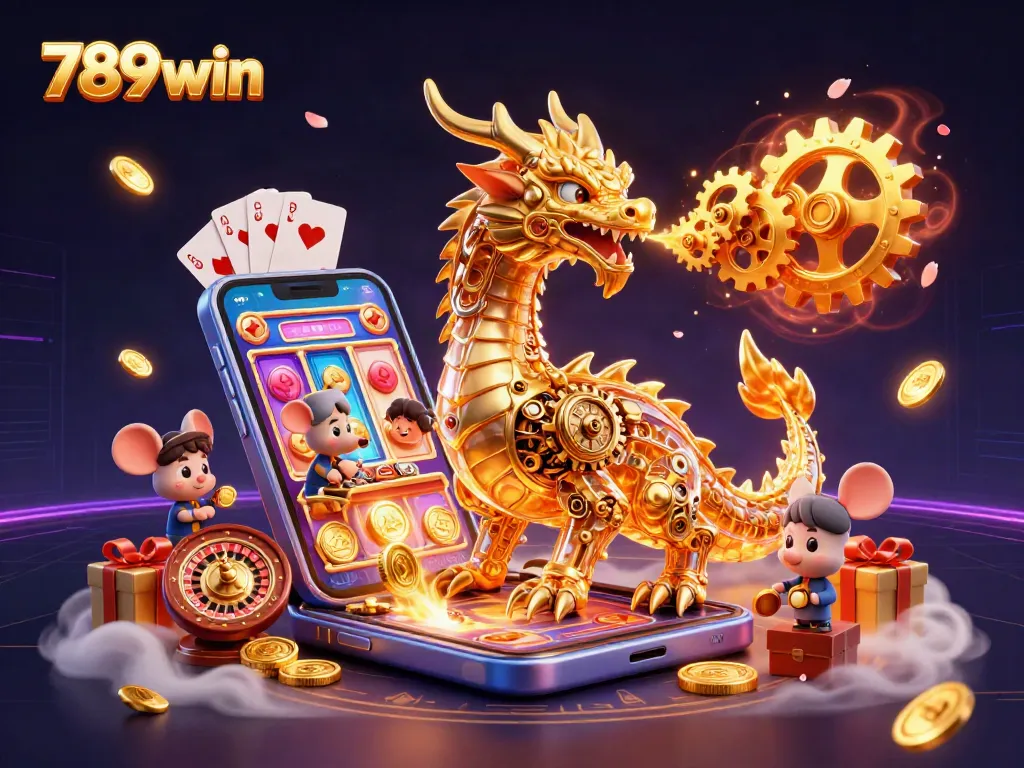 Engage with the thrilling 789win casino experience illustrated by a golden dragon and dynamic game elements.