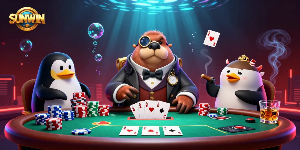 SUNWIN players bluff at a poker table with colorful chips and animated characters in an underwater scene.