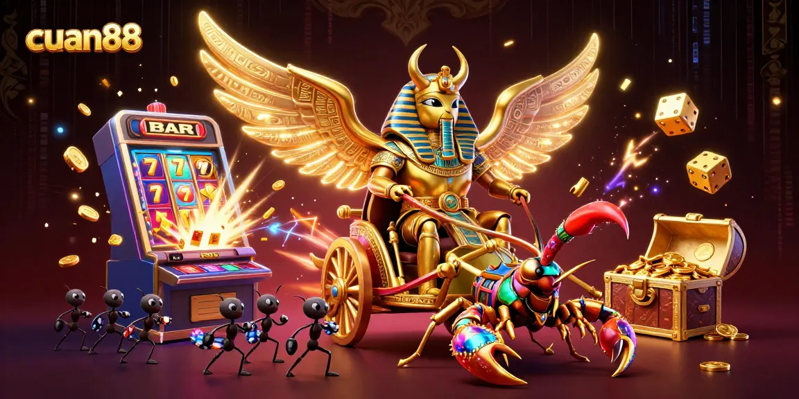 Experience the excitement of cuan88 with a vibrant and dynamic casino scene featuring a golden scarab beetle and jackpot elements.