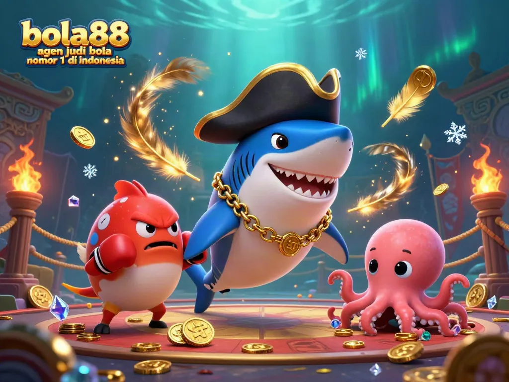 Bola88 agen judi bola nomor 1 di indonesia showcasing an adventurous animation scene with a pirate shark and gold coins.