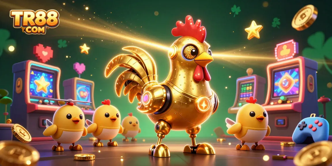 Engage with TR88 COM's exciting animated casino experience featuring golden rooster and baby chicks.