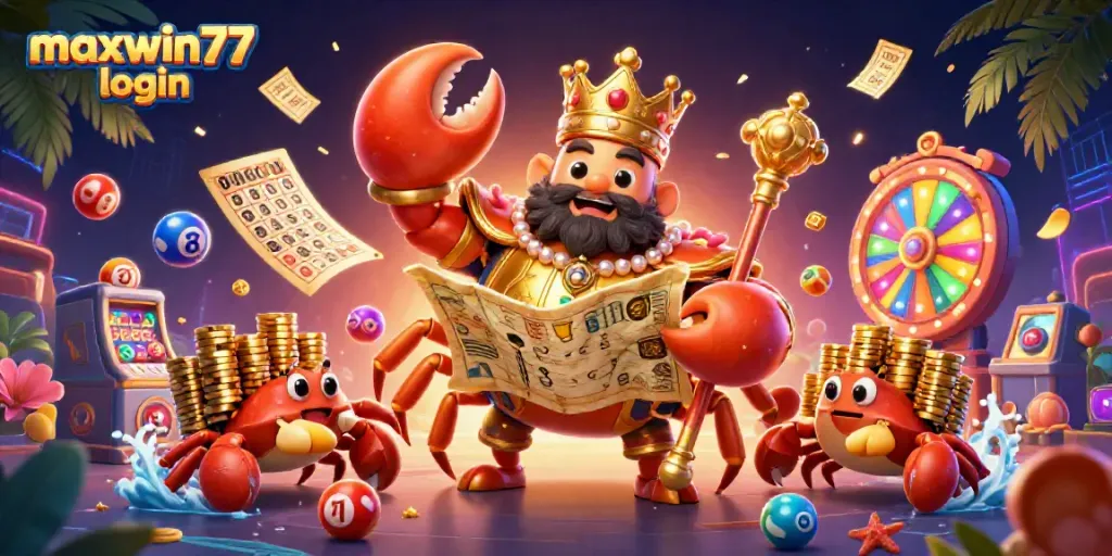 Engage with maxwin77 login as you experience a vibrant casino world led by a golden crab emperor.