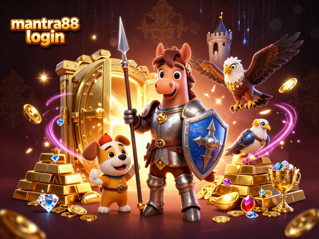 Join the fun at mantra88 login with a thrilling 3D illustration of medieval characters and casino treasures!