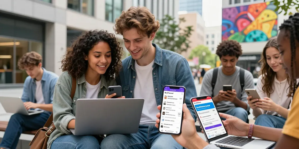 People engaging with bedpersonal in a vibrant urban setting, browsing local classifieds.
