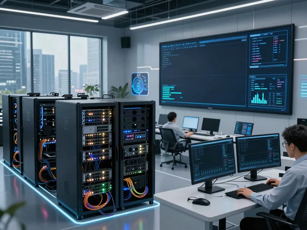 AI inference performance metrics displayed in a modern data center with GPU servers.