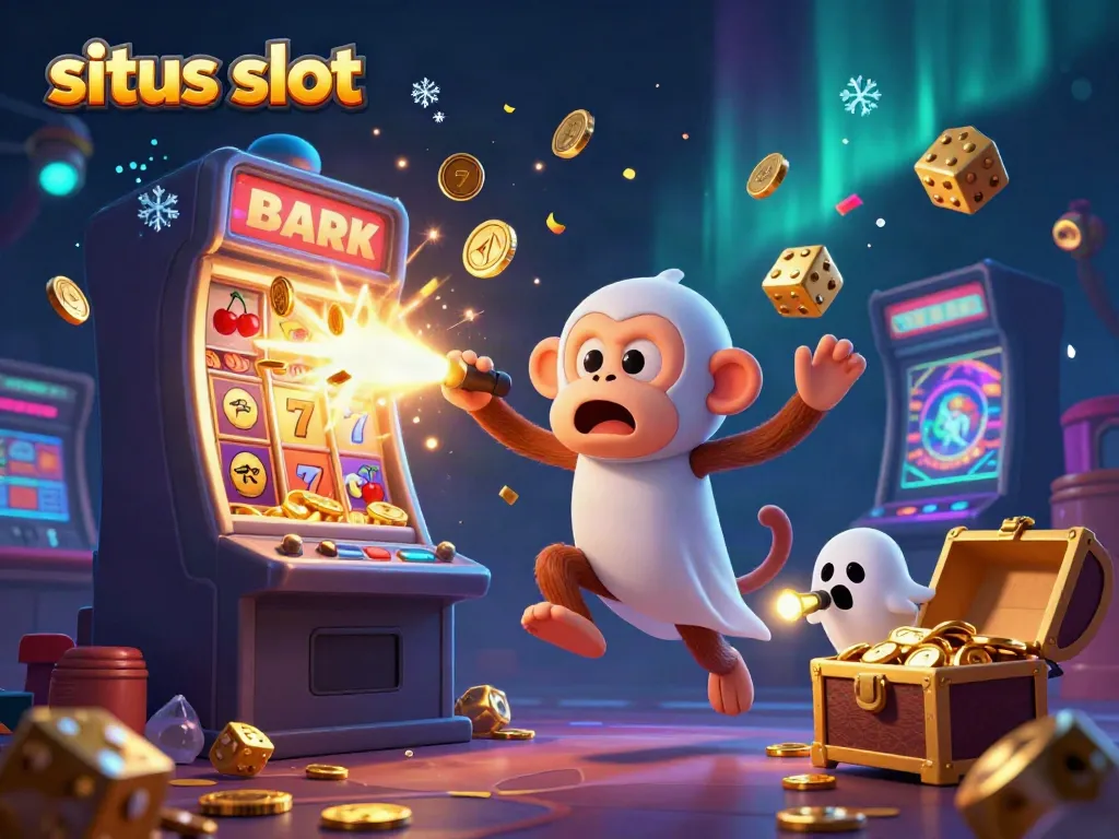 Engage with situs slot through this dynamic illustration of a playful poltergeist monkey and ghost-hunter puppy in a haunted casino.