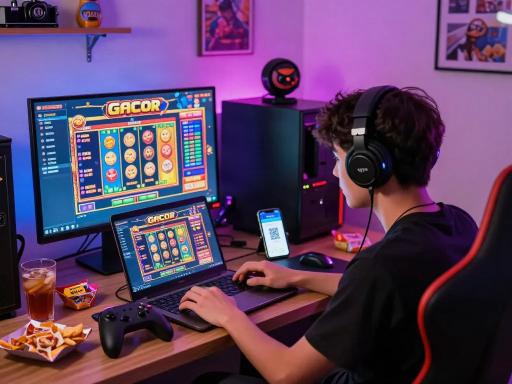 Excited gamer engaging in slot online gacor with laptop and QRIS payment setup in a vibrant gaming room.