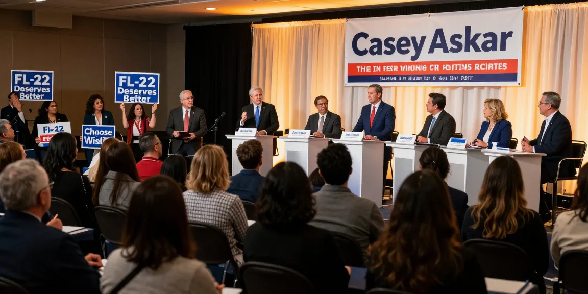 Casey Askar at a public debate, engaged with voters in FL-22.