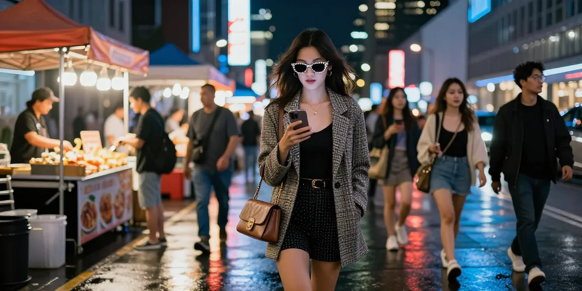 Gái gọi ở phố thị, đêm đầy ánh đèn neon, không khí vui tươi, trang phục phong cách.