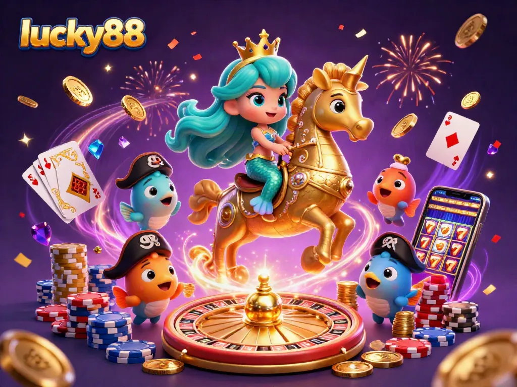 Experience the thrill of lucky88 with a mermaid princess and golden casino elements in a vibrant scene.