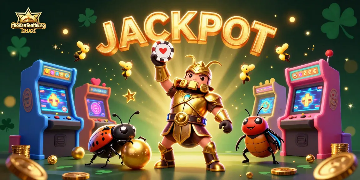 Experience the excitement of thosantienthuong with a victorious beetle lifting a poker chip amid vibrant casino elements.