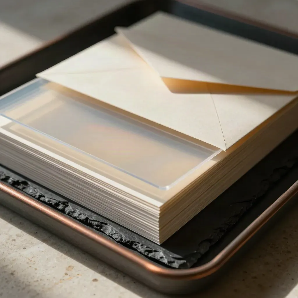 Extreme macro of divider cards, sealed envelopes and acetate sheets fanning on pale travertine.