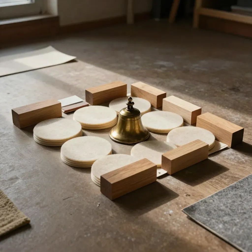 Wooden alignment blocks, felt circles and a brass bell arranged diagonally on a studio floor