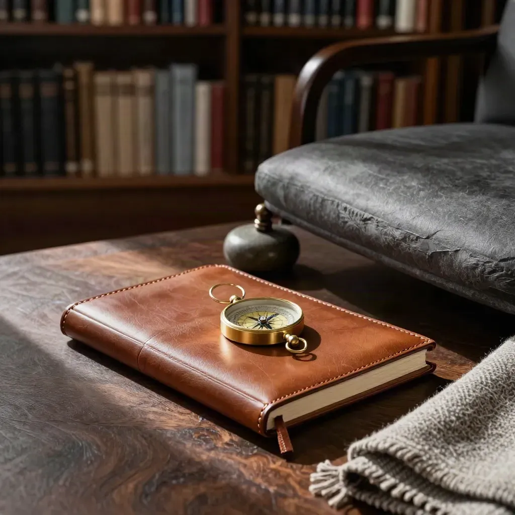 Leather coaching notebook, brass compass, stone weight and wool throw in a library alcove.