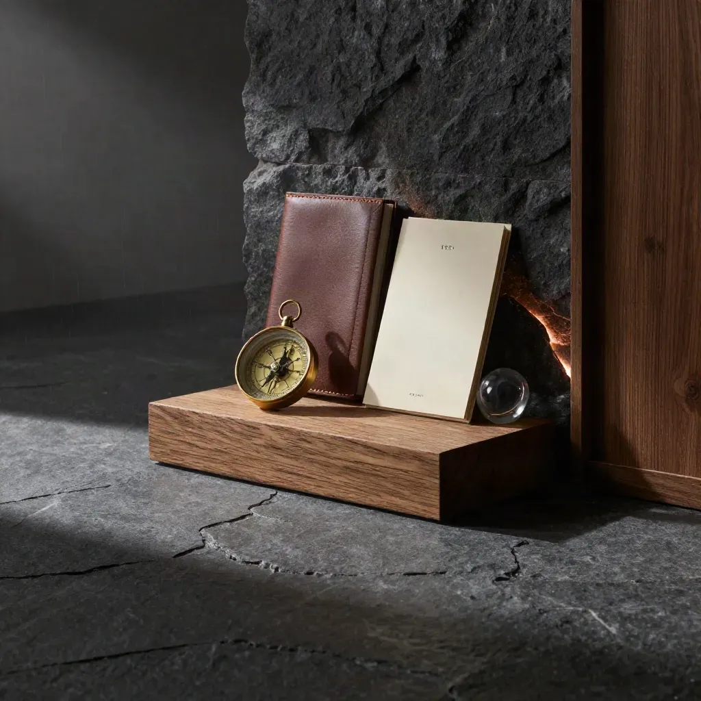 Moody advisory studio still life with oak plinth, brass compass, leather notebook and stone wall glow.