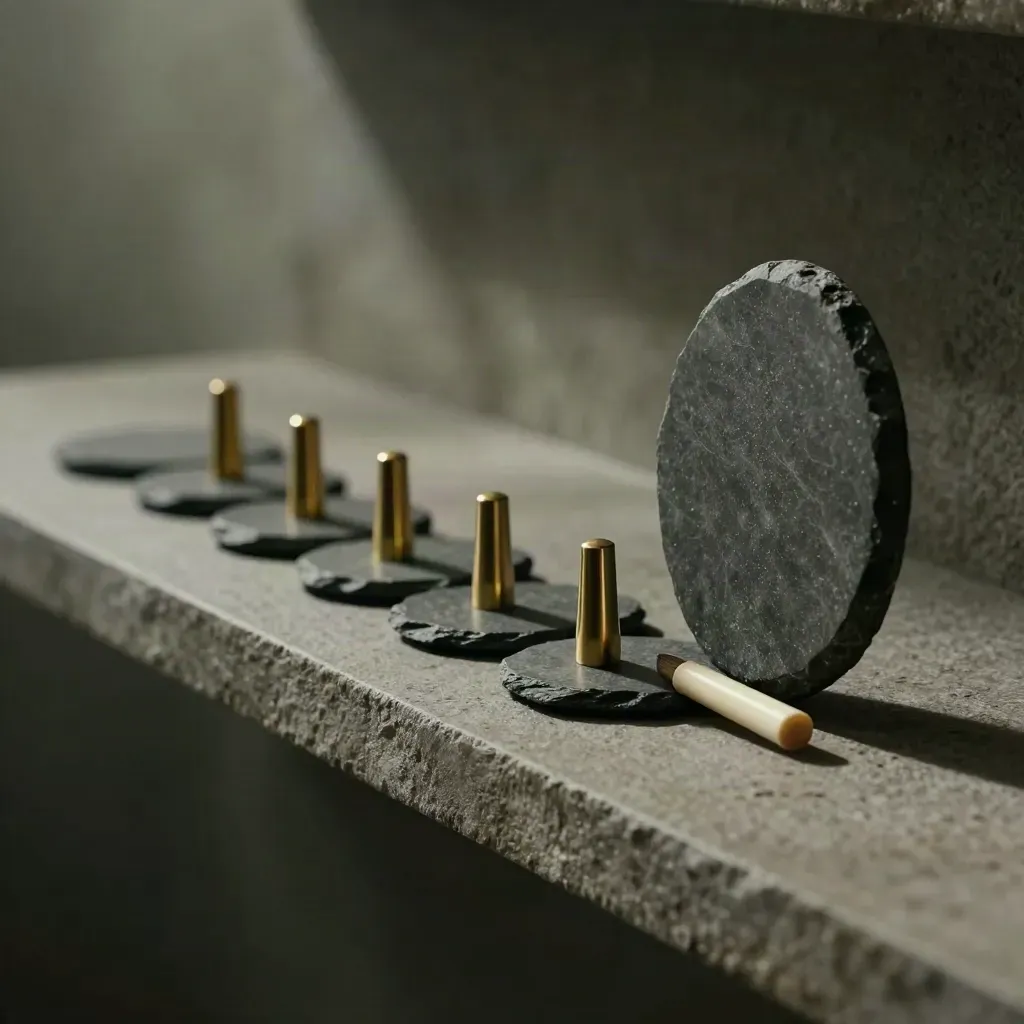 Slate chips and brass markers on a dark stone shelf in dramatic side light.