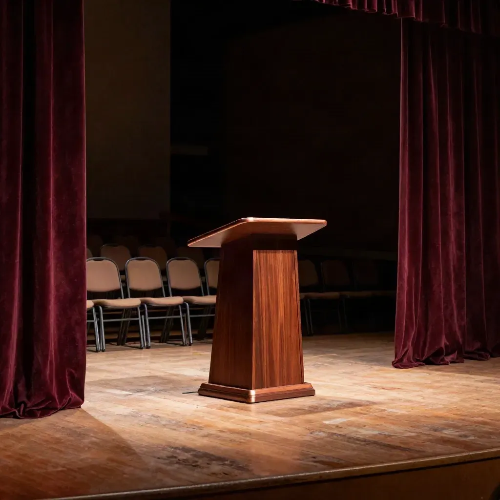 Empty keynote stage with podium, heavy curtains, stacked chairs, and warm dust-lit readiness.