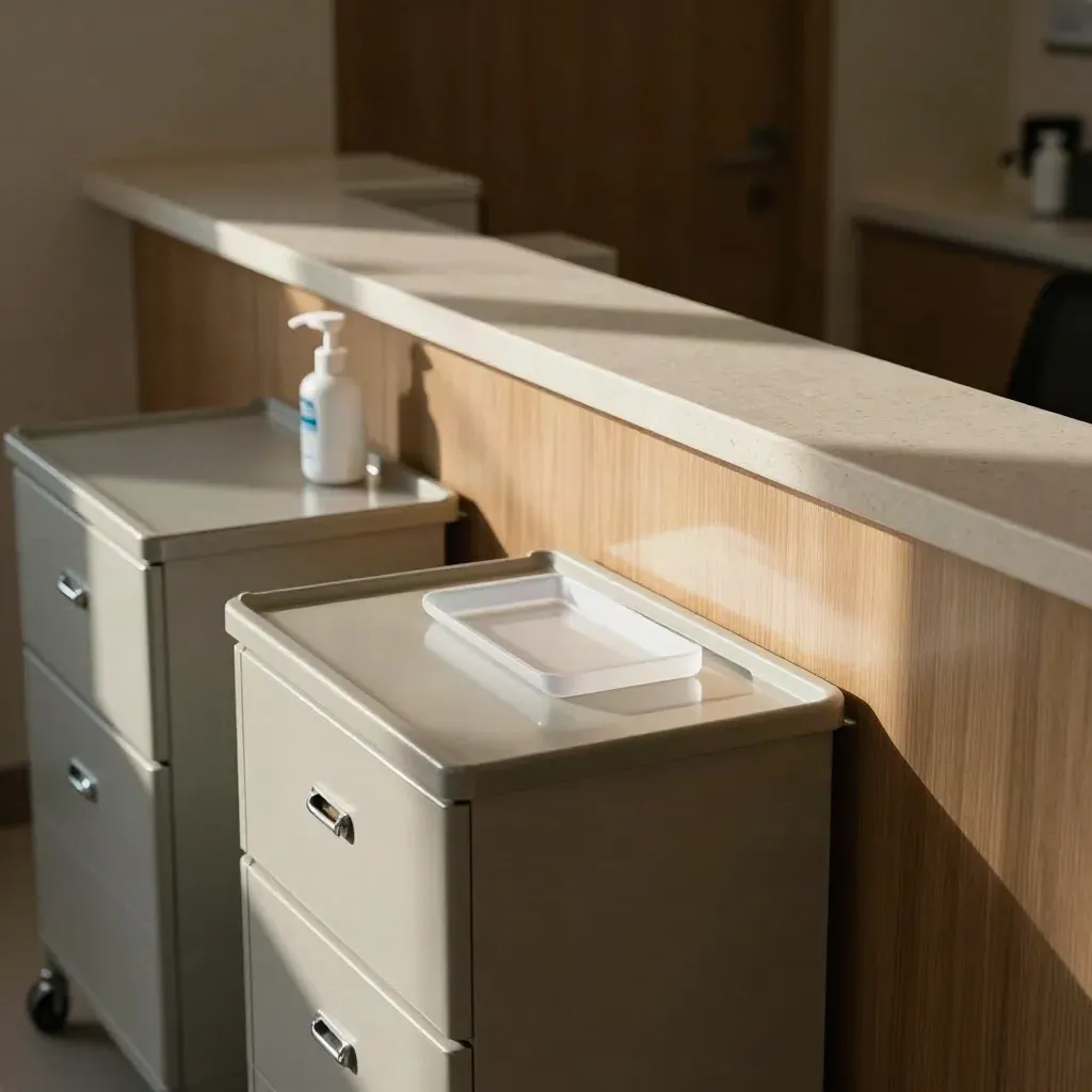 Empty clinic reception counter with organized caddies and closed supply carts