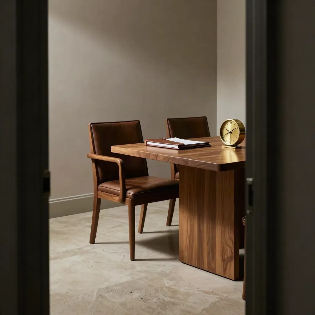 Empty legal interview room with two chairs, brass clock, and closed folio in doorway light.