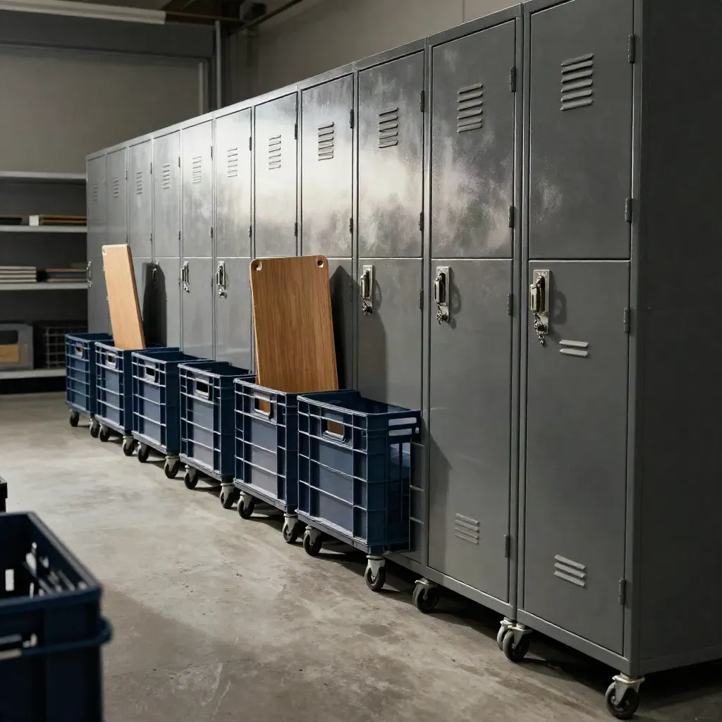 Retail back office with route crates, keyed lockers, folded plan boards, and a clean stockroom lane.