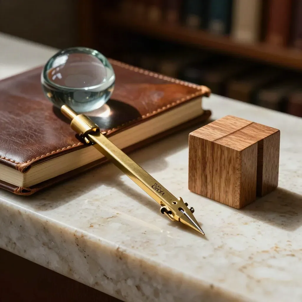 Brass compass, leather notebook, smoked-glass paperweight and oak block on travertine.