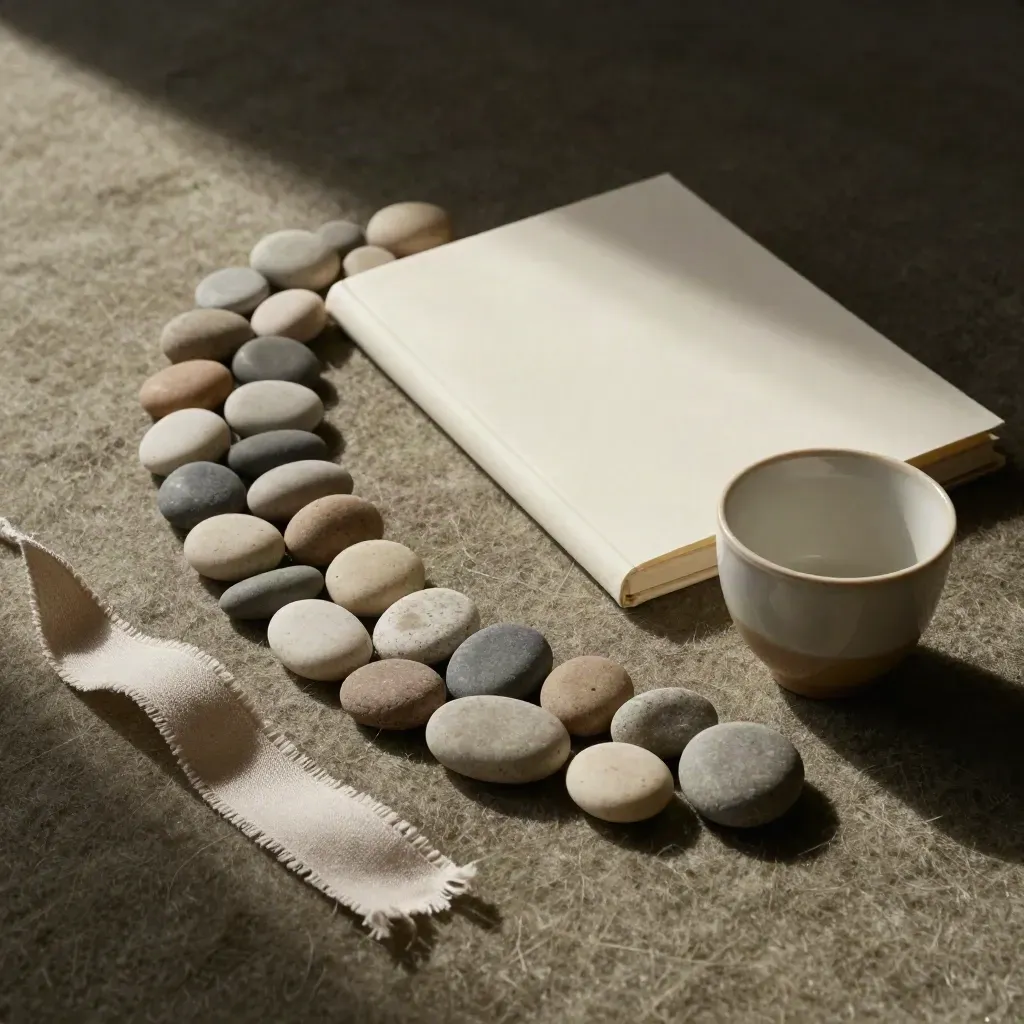 Pebbles, linen ribbon, cream notebook and ceramic cup on a wool mat in warm side light.