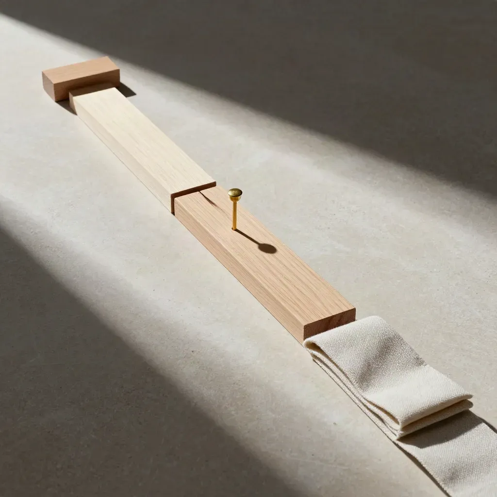 Matte wooden blocks, brass pins, and linen bands arranged in a precise diagonal plan on stone.