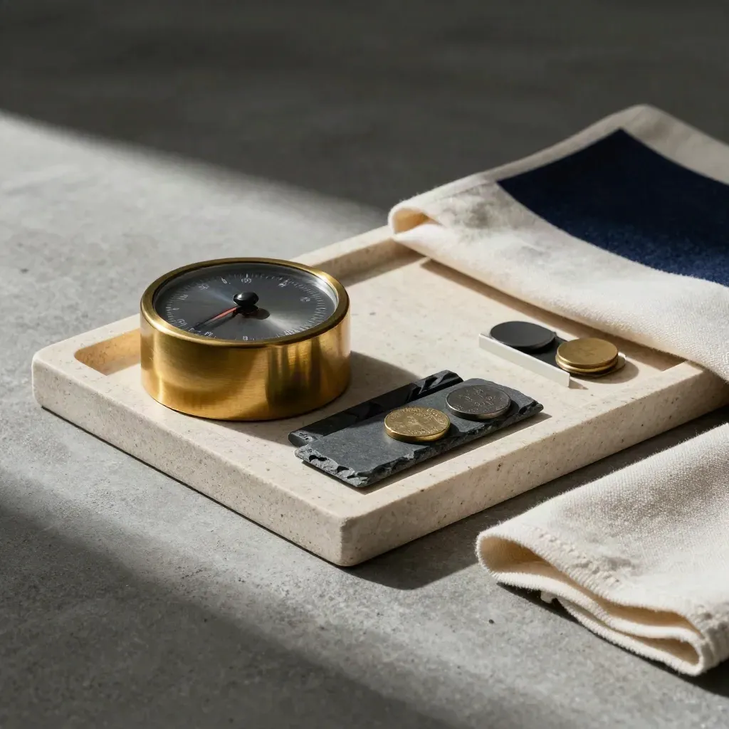 Brass timer, stone markers and token tray on a concrete tray with soft navy accent.