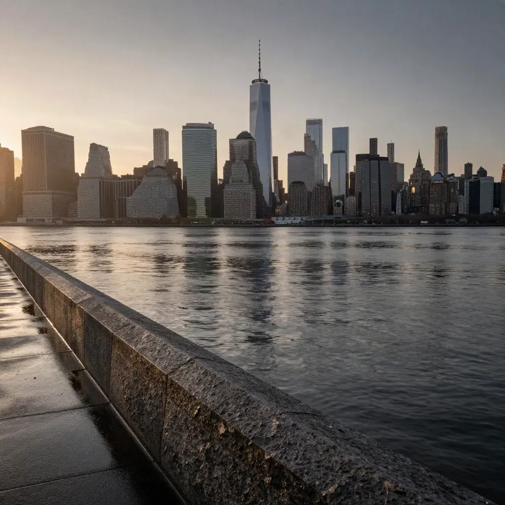 Hazy Manhattan skyline at golden hour from Brooklyn waterfront over calm East River.