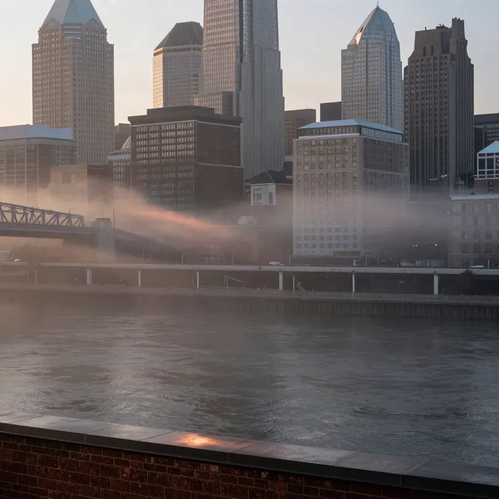 Foggy Philadelphia skyline and bridge lines above a calm river at dawn.