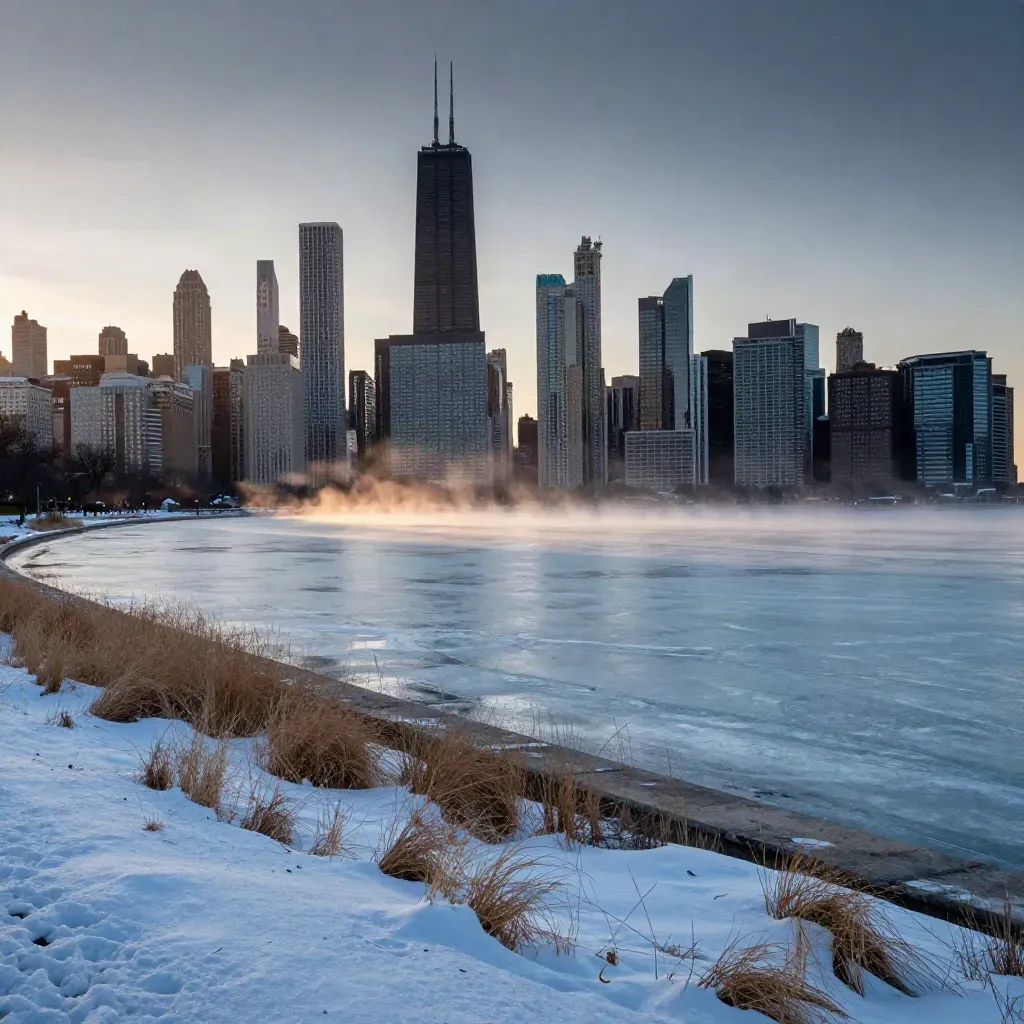 Chicago skyline above an icy winter lakefront at sunset, with open calm water for copy
