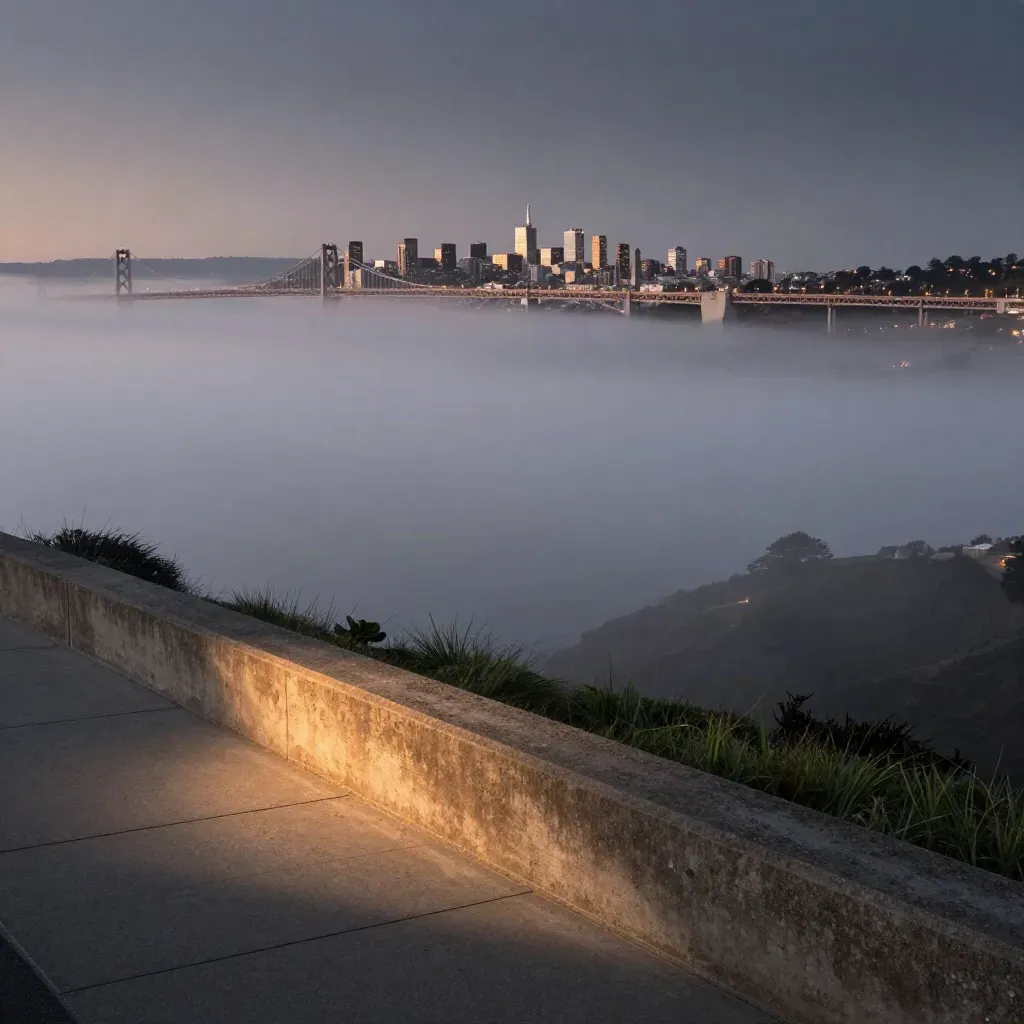 SF overlook with bridge and skyline above fog at blue hour