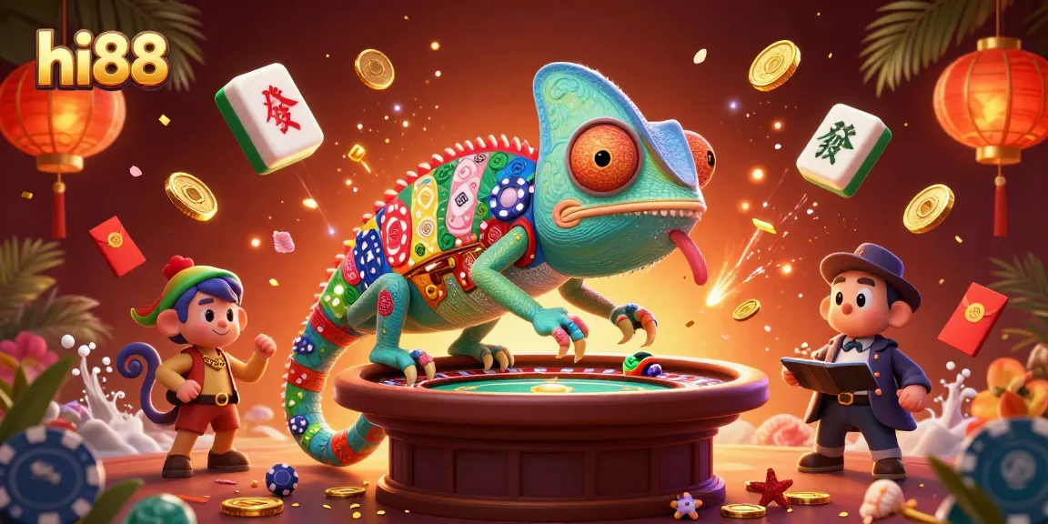 Engage in exciting gameplay at hi88 with a vibrant cartoon casino scene featuring a chameleon owner.