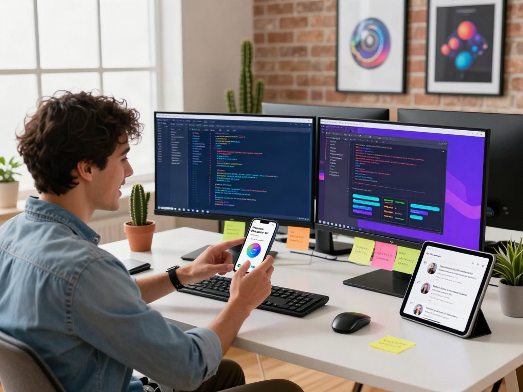 Download Pikashow Apk on a vibrant tech workspace showing apps and reviews.