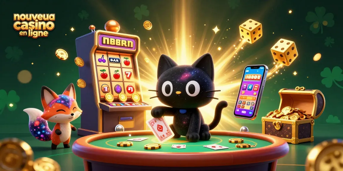 Illumination du nouveau casino en ligne avec un chat noir cosmique et un renard nébuleux capturant des jetons dorés.