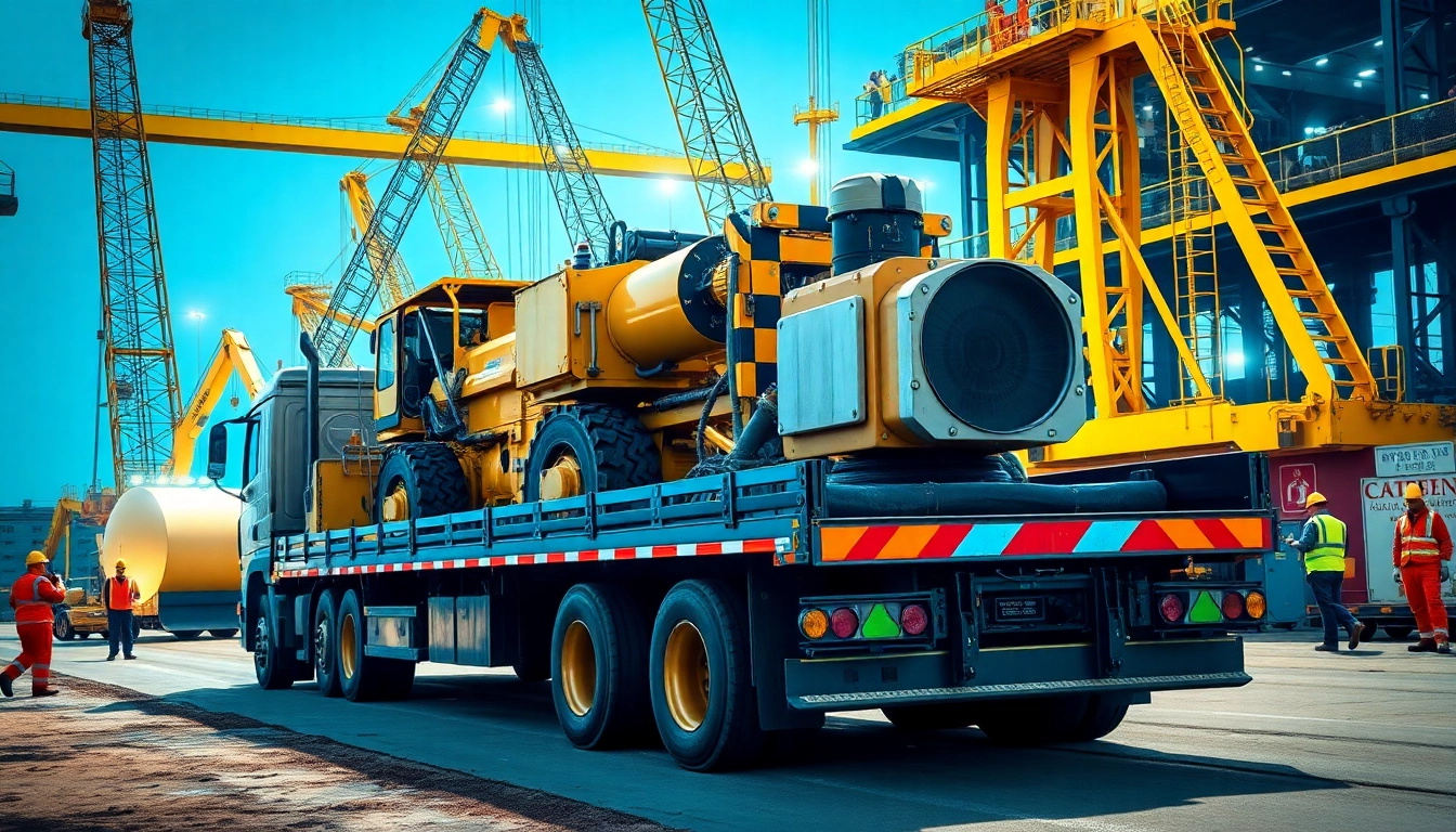 Heavy equipment hailing depicted through a busy construction site with machinery and trucks.