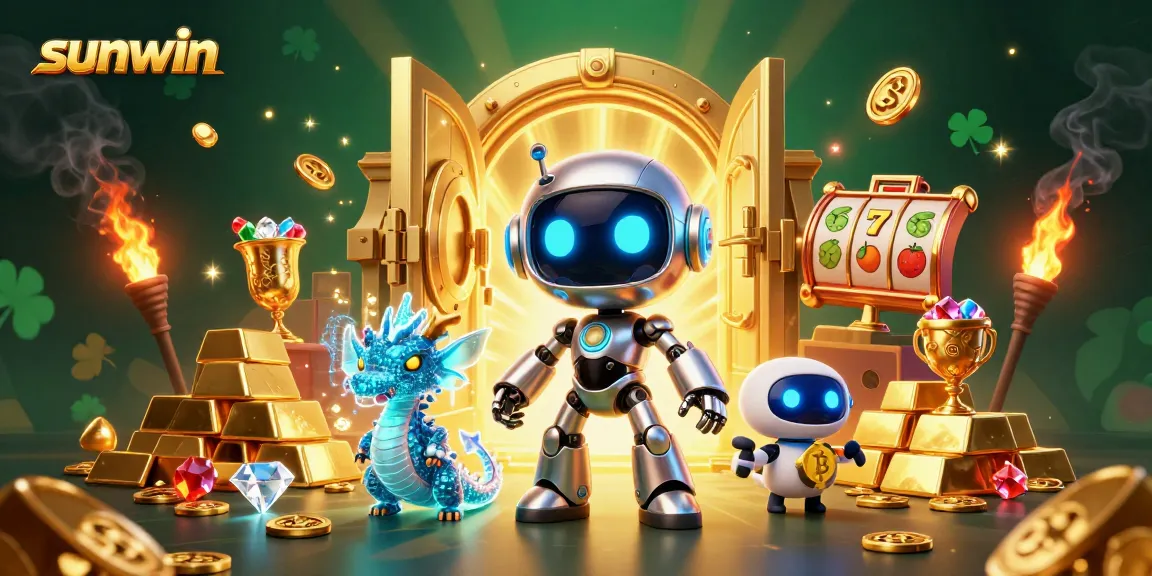 Engage with sunwin's vibrant casino world featuring a cyberpunk robot and treasure elements.