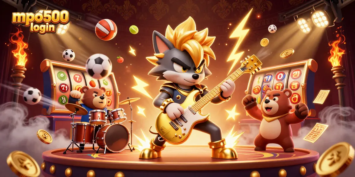 MPO500 login showcases a dynamic casino scene with a rock star wolf and drummer bear, featuring vibrant slot symbols.