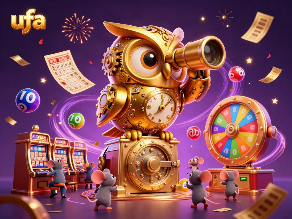 ภาพการ์ตูน 3D ที่แสดงให้เห็นเหยี่ยวทองคำกลไกใหญ่ที่จ้องมองพื้นคาสิโนขณะตั้งอยู่บนประตูตู้นิรภัยที่มีลูกค้าหนูตัวเล็กๆ เล่นเกมสล็อต