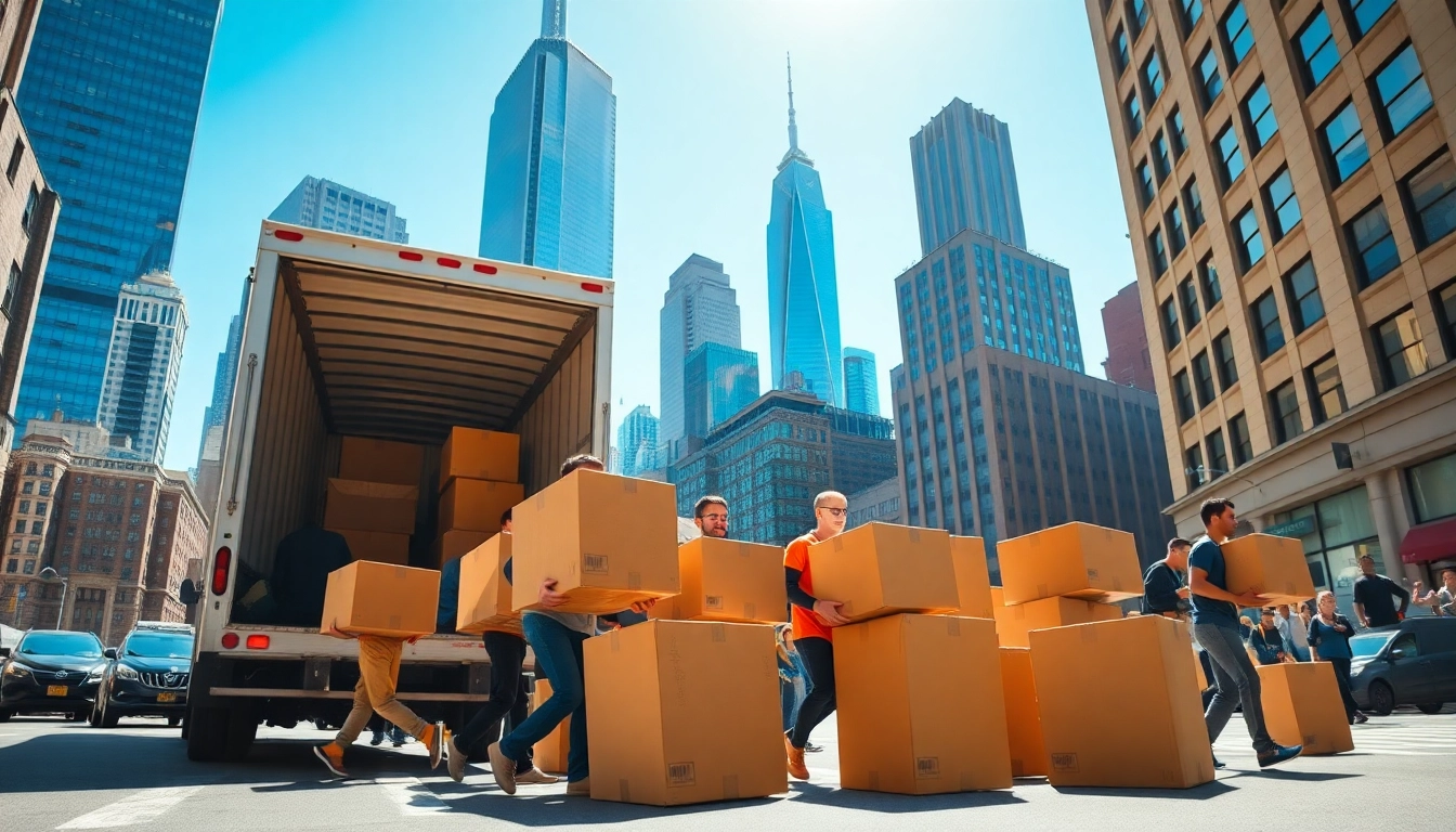 Team of professional movers engaged in new york moving with city skyline backdrop.